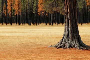Minimalistic burnt tree landscape in autumn forest for nature art prints