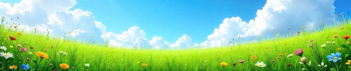 A lush green meadow bursting with wildflowers and tall grasses under a vibrant blue sky  Perfect for illustrating natural beauty, ecology, and environmental themes ,  biodiversity,  wildlife