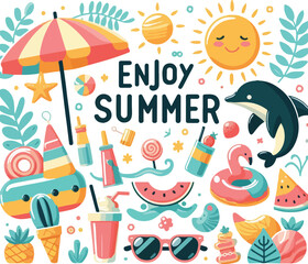 Bright and cheerful summer vacation vector design featuring tropical elements like palm trees, beach umbrellas, surfboards, sun hats, and waves. Ideal for travel posters, holiday promotions, and summe
