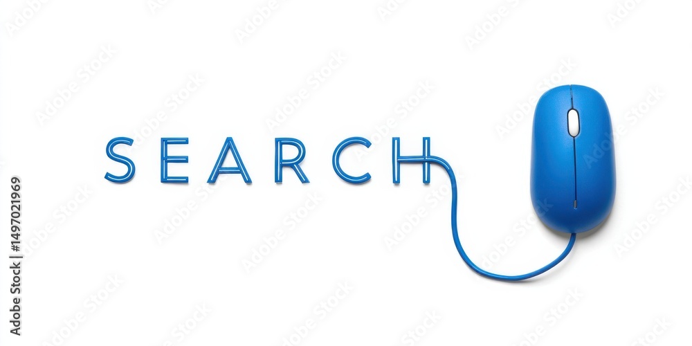Fototapete Innovative blue computer mouse next to the word search on a white background creating a modern digital theme