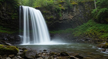 Immersive Waterfall Base Shot with Flowing Water and Surrounding Rocks
