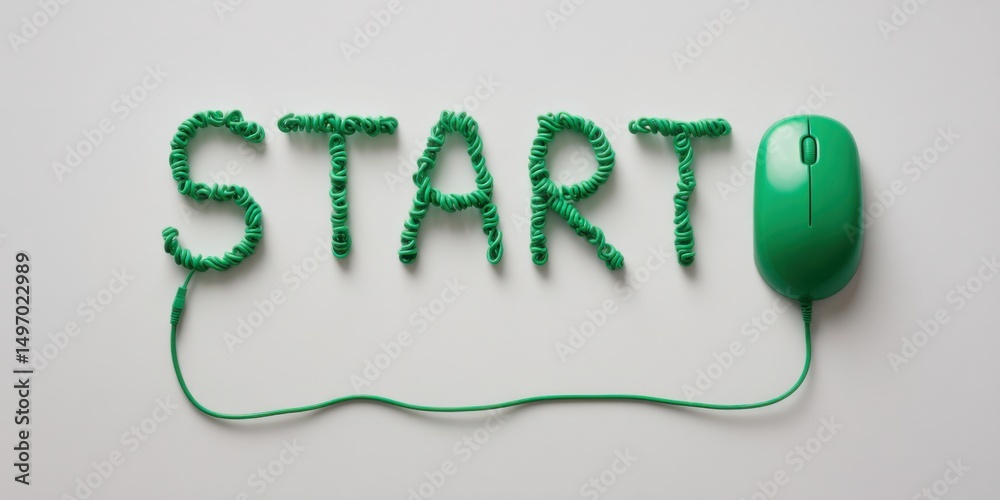 Fototapete creative design featuring the word start made from green twists and a matching green computer mouse 