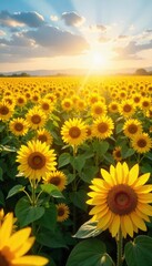 Obraz premium Vast field of vibrant sunflowers basking in golden sunlight, stretching to the horizon A breathtaking display of nature's beauty, perfect for summer themes and idyllic landscapes , sunflower, light