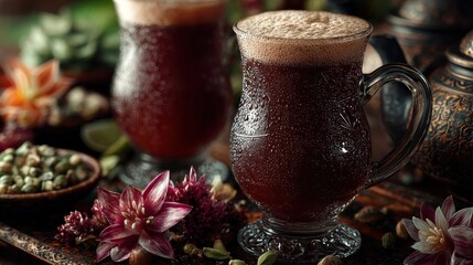 Fototapeta premium Exotic beverage composition with flowers and spices on textured background
