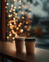 Two takeaway cups warmly lit sit, inviting cozy contemplation