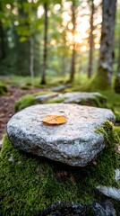 Sunlight Illuminating Moss Covered Rocks in a Forest