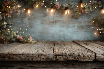 Rustic wooden surface adorned with flowers and ambient string lights display