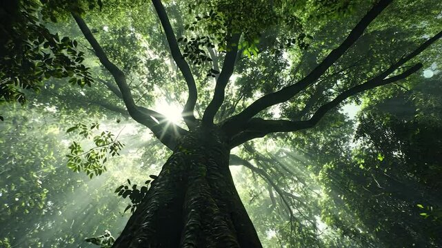 Sunlight filtering through a lush forest canopy