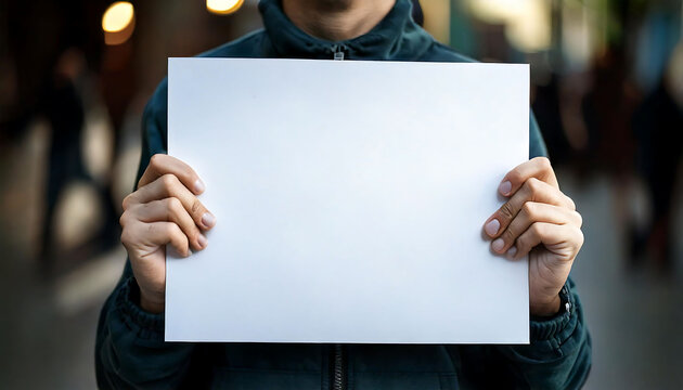 Person holding a blank white sign.  Perfect for conveying messages, announcements, or adding your own text.  Versatile image for various projects, presentations, and marketing materials.