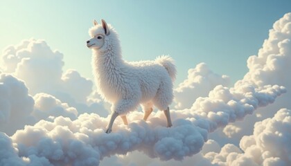 Fototapeta premium A whimsical depiction of a fluffy white llama gracefully traversing across a fluffy sea of clouds.