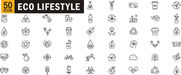 Eco lifestyle editable outline icon set. Recycle, green, nature, sustainability, organic, renewable energy and environment.
