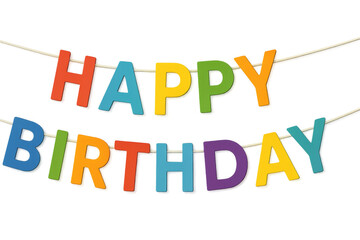 Colorful happy birthday bunting hanging on transparent background