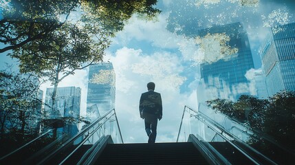 Businessman ascends steps, city skyline and nature mirrored above