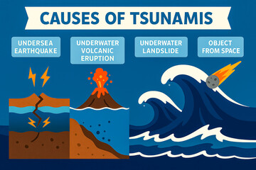 Scientific infographic illustration showing the causes of a catastrophic tsunami.