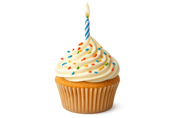 Delicious cupcake with burning candle and sprinkles on transparent background