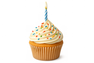 Delicious cupcake with burning candle and sprinkles on transparent background