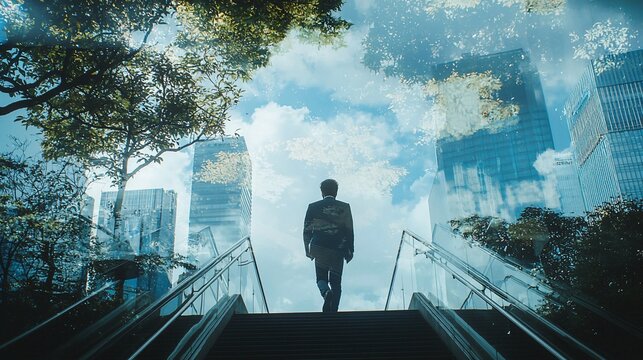 Businessman ascends steps, city skyline and nature mirrored above