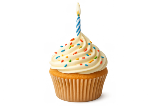 Delicious cupcake with burning candle and sprinkles on transparent background