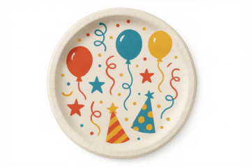 White paper plate with colorful balloons and party hats on transparent background