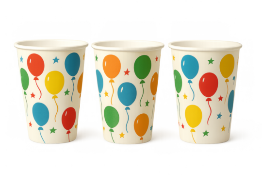 Three paper cups decorated with colorful balloons on transparent background