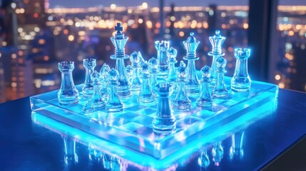 Transparent chess pieces on a glowing board, cityscape backdrop