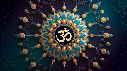 Ornate mandala design featuring om symbol teal gold