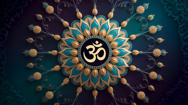 Ornate mandala design featuring om symbol teal gold