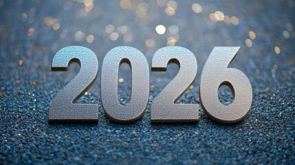 Metallic 2026 Numerals on Sparkly Grey Textured Background for New Year s Celebrations