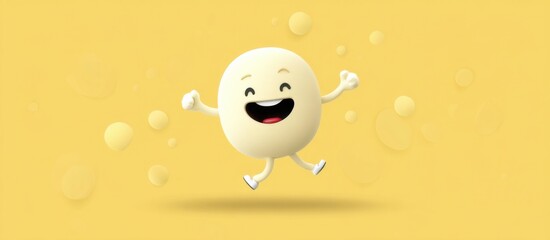 Joyful character bouncing against a cheerful yellow background in a playful atmosphere of happiness and fun
