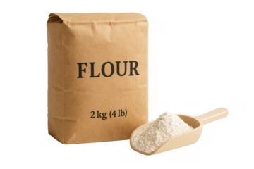 Paper bag of flour with scoop on transparent background