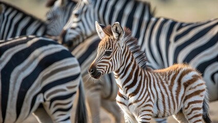 Fototapeta premium A cute little zebra stands in the herd, It's Natural Habitat