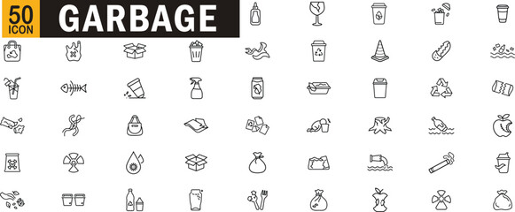 Garbage and waste outline icon set. Trash, pollution, recycle, landfill, bin, food waste, plastic, and environmental cleanup.