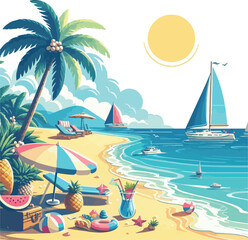 Bright and cheerful summer vacation vector design featuring tropical elements like palm trees, beach umbrellas, surfboards, sun hats, and waves. Ideal for travel posters, holiday promotions, and summe