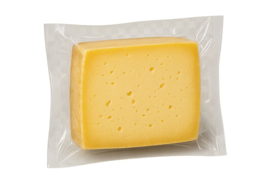 Vacuum-packed cheese block isolated on transparent background