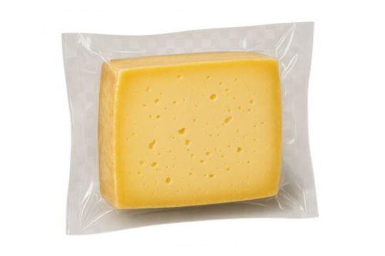 Vacuum-packed cheese block isolated on transparent background