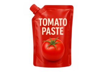 Red doypack with tomato paste and fresh tomato image with transparent background