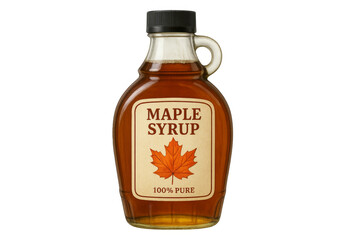 Glass bottle of 100% pure maple syrup on transparent background