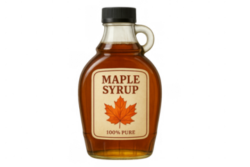 Glass bottle of 100% pure maple syrup on transparent background