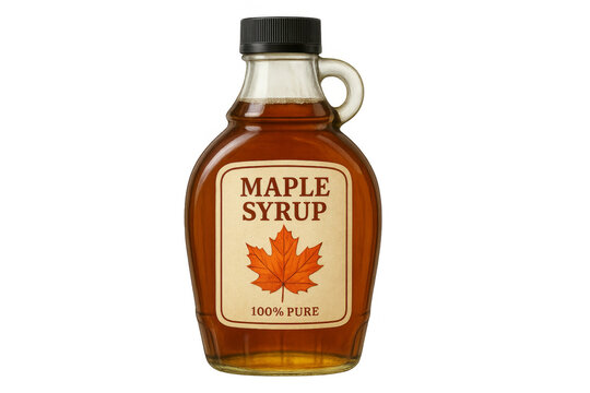 Glass bottle of 100% pure maple syrup on transparent background