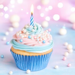 Delightful Birthday Cupcake: A beautifully decorated cupcake, topped with pastel-colored frosting, delicate pearls, and a single lit candle, perfect for a birthday celebration.