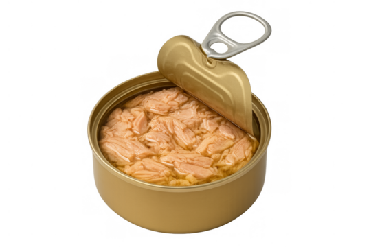 Open tin can showing preserved tuna fish on transparent background