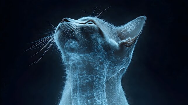 A serene, light-blue, ethereal cat gazes upward against a dark background, its form rendered with a network of glowing lines