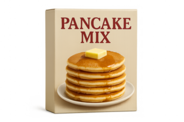 Pancake mix box with stack of pancakes, butter, and syrup on transparent background