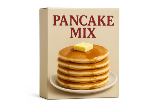 Pancake mix box with stack of pancakes, butter, and syrup on transparent background