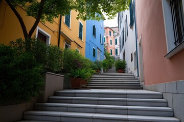 Fototapeta premium A narrow alleyway with colorful buildings and a tree in the middle. The street is lined with potted plants and has a stone staircase leading up to the top