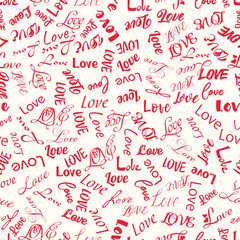 Seamless pattern with Love inscriptions made in different styles and fonts. Red text on a light background creates a light and warm mood. Suitable for gift wrapping, wrapping paper, textiles, printing