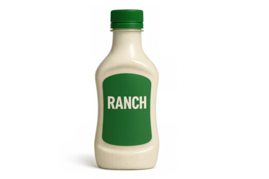 Ranch dressing bottle with green label on transparent background