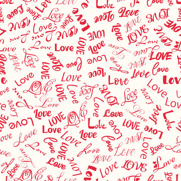 Fototapeta Seamless pattern with Love inscriptions made in different styles and fonts. Red text on a light background creates a light and warm mood. Suitable for gift wrapping, wrapping paper, textiles, printing