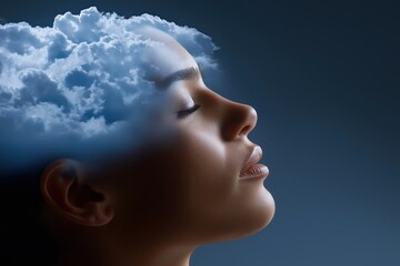 A woman's face is shown with clouds in the background. The clouds are white and fluffy, and they seem to be floating above her head. The woman's face is calm and peaceful