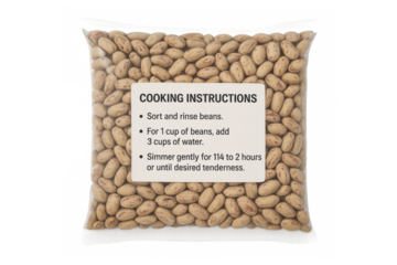 Bag of uncooked beans with cooking instructions on transparent background